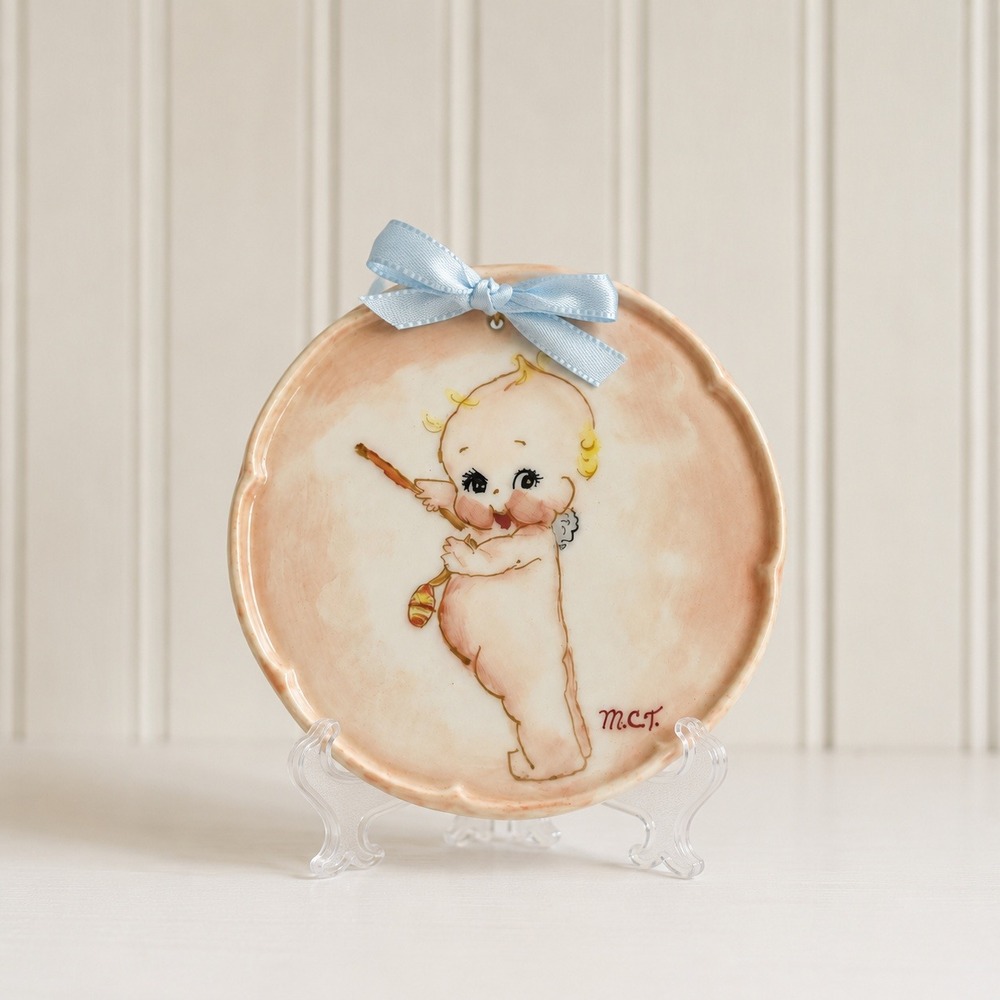 Vintage Kewpie Baby Wall Plaque Hand Painted Ceramic Porcelain Pink Blue 3.5"